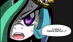 Size: 1077x624 | Tagged: safe, artist:crimsonbugeye, character:princess celestia, cropped, dialogue, female, looking at you, solo, speech bubble, sweat