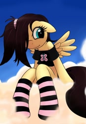 Size: 720x1034 | Tagged: safe, artist:apony, character:fluttershy, species:pegasus, species:pony, alternate hairstyle, clothing, cloud, cute, emoshy, fashion, female, hair over one eye, makeup, off shoulder, shirt, sitting, sky, smiling, socks, solo, strapless, striped socks, wings