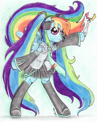 Size: 900x1134 | Tagged: safe, artist:oriwhitedeer, character:rainbow dash, species:pegasus, species:pony, alternate hairstyle, bipedal, boots, clothing, crossover, female, hatsune miku, mare, necktie, shoes, signature, simple background, solo, traditional art, vocaloid, white background