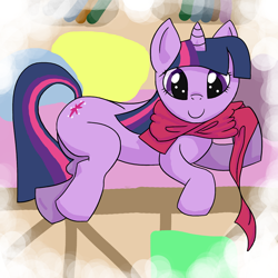 Size: 900x900 | Tagged: safe, artist:iyatsu, character:twilight sparkle, character:twilight sparkle (unicorn), species:pony, species:unicorn, clothing, female, looking at you, mare, scarf, smiling, solo