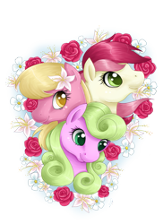 Size: 1091x1500 | Tagged: safe, artist:amenoo, character:daisy, character:lily, character:lily valley, character:roseluck, species:earth pony, species:pony, female, flower, flower trio, mare, rose