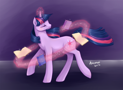 Size: 1500x1106 | Tagged: safe, artist:amenoo, character:twilight sparkle, character:twilight sparkle (unicorn), species:pony, species:unicorn, book, eyes closed, female, glowing horn, horn, magic, mare, solo, telekinesis