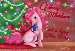 Size: 1800x1218 | Tagged: safe, artist:amenoo, character:pinkie pie, christmas, female, ribbon, solo