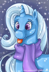 Size: 1236x1800 | Tagged: safe, artist:amenoo, character:trixie, species:pony, species:unicorn, clothing, female, mane, mare, scarf, smiling, snow, snowflake, solo, tongue out