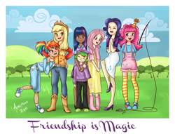 Size: 3693x2827 | Tagged: safe, artist:amenoo, character:applejack, character:fluttershy, character:pinkie pie, character:rainbow dash, character:rarity, character:spike, character:twilight sparkle, clothing, converse, dress, grass, high res, humanized, mane seven, mane six, shoes, skinny, sneakers, title drop