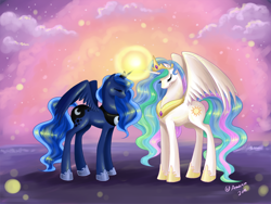 Size: 1500x1125 | Tagged: safe, artist:amenoo, character:princess celestia, character:princess luna, species:alicorn, species:pony, duo, duo female, eyes closed, female, mare, sisters