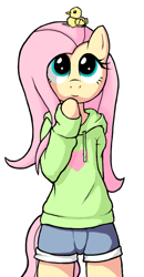 Size: 459x880 | Tagged: safe, artist:apony, character:fluttershy, species:pony, bipedal, clothing, duckling, female, futa fluttershy, hoodie, looking up, semi-anthro, shorts, smiling, solo, sweater, sweatershy