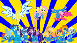 Size: 1920x1080 | Tagged: safe, artist:neodarkwing, character:applejack, character:derpy hooves, character:fluttershy, character:pinkie pie, character:rainbow dash, character:rarity, character:scootaloo, character:soarin', character:spitfire, character:twilight sparkle, character:twilight sparkle (alicorn), species:alicorn, species:pony, race swap, raricorn, wonderbolts, wonderbolts uniform, wondershy