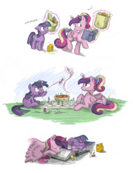 Size: 1050x1370 | Tagged: safe, artist:onkelscrut, character:princess cadance, character:twilight sparkle, episode:slice of life, g4, my little pony: friendship is magic, book, cherry, chess, comic, cute, filly, filly twilight sparkle, groceries, magic, multitasking, paper bag, playing, shopping, sleeping