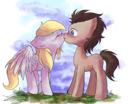 Size: 988x809 | Tagged: safe, artist:midnameowfries, character:derpy hooves, character:doctor whooves, character:time turner, species:pegasus, species:pony, ship:doctorderpy, blushing, boop, eyes closed, female, floppy ears, kissing, male, mare, noseboop, shipping, spread wings, standing, straight, wings