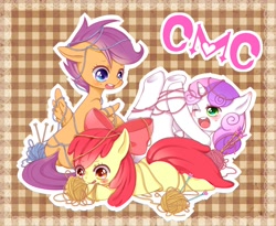 Size: 1100x900 | Tagged: safe, artist:yuzuko, character:apple bloom, character:scootaloo, character:sweetie belle, cute, cutie mark crusaders, dumb fabric, entangled, pixiv, stuck, tangled up, wool, yarn