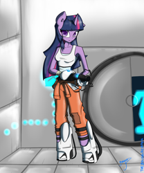 Size: 1500x1800 | Tagged: safe, artist:xonitum, character:twilight sparkle, species:anthro, ambiguous facial structure, chell, clothing, crossover, female, portal (valve), reference, solo, tank top