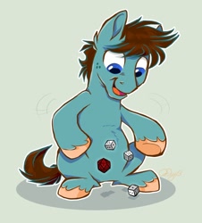 Size: 1216x1347 | Tagged: safe, artist:graystripe64, oc, oc only, oc:game crunch, species:earth pony, species:pony, crunch, dice, freckles, solo