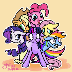 Size: 400x400 | Tagged: safe, artist:yamino, character:applejack, character:fluttershy, character:pinkie pie, character:rainbow dash, character:rarity, character:twilight sparkle, appleflaritwidashpie, eye twitch, floppy ears, frown, fusion, gritted teeth, hydra, hydra pony, looking at you, mane six, mane six hydra, multiple heads, open mouth, six heads, smiling, we have become one, what has science done, wide eyes, you need me