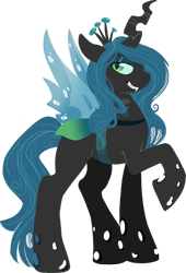 Size: 613x900 | Tagged: safe, artist:anuvia, character:queen chrysalis, species:changeling, changeling queen, fangs, female, raised hoof, simple background, smiling, solo, standing, transparent background
