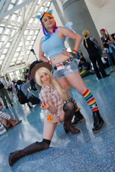 Size: 2136x3204 | Tagged: safe, artist:agentt3xas, artist:geekeryandsuch, character:applejack, character:rainbow dash, species:human, anime expo, belly button, convention, cosplay, irl, irl human, muffin top, photo
