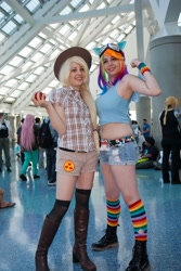 Size: 2592x3888 | Tagged: safe, artist:agentt3xas, artist:geekeryandsuch, character:applejack, character:rainbow dash, species:human, anime expo, belly, belly button, convention, cosplay, irl, irl human, muffin top, photo