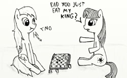 Size: 1228x760 | Tagged: safe, artist:dennyhooves, character:derpy hooves, character:twilight sparkle, species:pegasus, species:pony, chess, chessboard incorrectly oriented, eating, female, mare, monochrome
