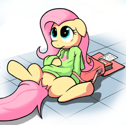 Size: 1014x1000 | Tagged: safe, artist:apony, character:fluttershy, bag, book, clothing, explicit source, featureless crotch, female, hoodie, paper, solo
