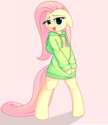 Size: 866x1000 | Tagged: safe, artist:apony, character:fluttershy, species:pony, :o, bipedal, bottomless, clothing, explicit source, female, floppy ears, hoodie, implied futa, looking at you, mouth, open mouth, semi-anthro, simple background, smiling, solo