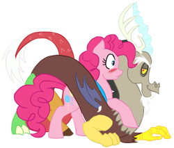 Size: 900x765 | Tagged: safe, artist:bux, character:discord, character:pinkie pie, ship:discopie, blushing, female, male, shipping, straight