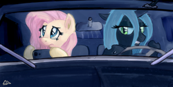 Size: 900x452 | Tagged: safe, artist:sevoohypred, character:fluttershy, character:queen chrysalis, car, cellphone, driving, horn impalement, night, phone