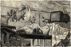 Size: 1500x1000 | Tagged: safe, artist:appleman86, oc, oc only, oc:gold gun, species:earth pony, species:pony, fallout equestria, blood bag, book, earth pony oc, female, gears, lying down, mare, monochrome, pipbuck, reading, solo