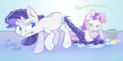 Size: 2592x1284 | Tagged: safe, artist:graystripe64, character:rarity, character:sweetie belle, species:pony, species:unicorn, bucket, cleaning, cutie mark, dialogue, duo, female, scrubbing, smiling, soap, soap bubble, sweetie fail, sweetiedumb, tail, unamused