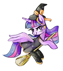 Size: 800x900 | Tagged: safe, artist:kaji-tanii, character:twilight sparkle, character:twilight sparkle (alicorn), species:alicorn, species:pony, broom, clothing, female, flying, flying broomstick, hat, lidded eyes, looking back, mare, simple background, smiling, solo, spread wings, stockings, transparent background, wings, witch, witch hat