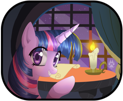 Size: 859x705 | Tagged: safe, artist:nabbiekitty, character:twilight sparkle, character:twilight sparkle (unicorn), species:pony, species:unicorn, candle, female, scroll, solo, table, window