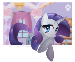 Size: 1016x844 | Tagged: safe, artist:nabbiekitty, character:rarity, species:pony, species:unicorn, carousel boutique, curtains, female, fourth wall, solo, window