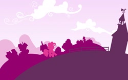 Size: 1920x1200 | Tagged: safe, artist:philiptomkins, character:pinkie pie, species:earth pony, species:pony, cloud, female, hooves, lineless, mare, minimalist, ponyville, ponyville schoolhouse, school, silhouette, solo, wallpaper