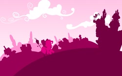 Size: 1920x1200 | Tagged: safe, artist:philiptomkins, part of a set, character:pinkie pie, species:earth pony, species:pony, cloud, female, hooves, lineless, mare, minimalist, ponyville, profile, silhouette, solo, sugarcube corner, wallpaper