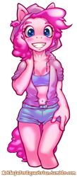 Size: 1812x4171 | Tagged: safe, artist:notsafeforequestrian, artist:php94, character:pinkie pie, species:anthro, belly button, blushing, cleavage, clothing, female, grin, hoodie, midriff, shorts, solo, sports bra
