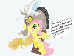 Size: 900x686 | Tagged: safe, artist:fillyblue, artist:sugarbubblegum333, character:discord, character:fluttershy, ship:discoshy, female, hilarious in hindsight, male, shipping, straight