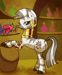 Size: 821x1000 | Tagged: safe, artist:araraginatsuki, character:zecora, species:zebra, bipedal leaning, butt, female, flower, flower in mouth, heart's desire, lidded eyes, mouth hold, pixiv, plot, quadrupedal, rearing, solo, zecora's hut
