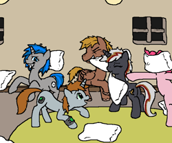Size: 737x614 | Tagged: safe, artist:king-koder, character:pinkie pie, oc, oc:calamity, oc:homage, oc:littlepip, oc:silver bell, oc:velvet remedy, species:earth pony, species:pegasus, species:pony, species:unicorn, fallout equestria, clothing, fanfic, fanfic art, female, hat, male, mare, pillow, pillow fight, pipbuck, stallion, velamity