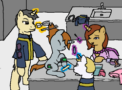 Size: 636x469 | Tagged: safe, artist:king-koder, oc, oc only, oc:littlepip, oc:littlepip's mother, species:pony, species:unicorn, fallout equestria, beads, clothing, comb, dress, fanfic, fanfic art, female, glowing horn, haircut, horn, levitation, littlepip's mother, magic, makeover, male, mare, pipbuck, scissors, stallion, telekinesis, tomboy taming, vault suit