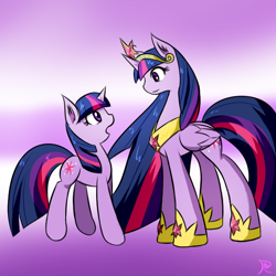 Size: 600x600 | Tagged: safe, artist:ranban, character:twilight sparkle, character:twilight sparkle (alicorn), character:twilight sparkle (unicorn), species:alicorn, species:pony, species:unicorn, big crown thingy, female, hoof shoes, jewelry, mare, older, peytral, pixiv, ponidox, purple background, regalia, self ponidox, simple background, solo, ultimate twilight