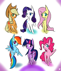 Size: 600x700 | Tagged: safe, artist:ranban, character:applejack, character:fluttershy, character:pinkie pie, character:rainbow dash, character:rarity, character:twilight sparkle, character:twilight sparkle (alicorn), species:alicorn, species:pony, female, mane six, mare, pixiv