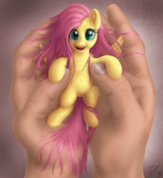 Size: 1375x1500 | Tagged: safe, artist:bluespaceling, character:fluttershy, species:human, species:pony, cute, hand, happy, holding a pony, in goliath's palm, looking at you, micro, shyabetes, tiny, tiny ponies