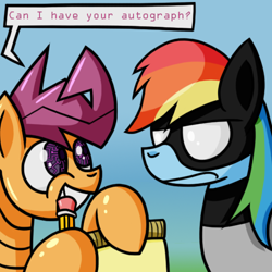 Size: 500x500 | Tagged: safe, artist:putuk, character:rainbow dash, character:scootaloo, ask, batman, batmare, crossover, dialogue, gradient background, parody, scootabot