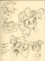 Size: 2430x3300 | Tagged: safe, artist:graystripe64, character:pinkie pie, character:pokey pierce, character:twilight sparkle, ship:pokeypie, blushing, female, heart, male, monochrome, shipping, sketch dump, straight, traditional art