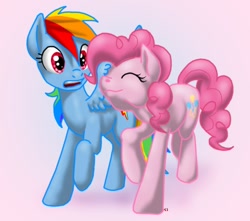 Size: 600x530 | Tagged: safe, artist:chickenwhite, character:pinkie pie, character:rainbow dash, species:earth pony, species:pegasus, species:pony, ship:pinkiedash, g4, female, lesbian, mare, nuzzling, shipping, simple background