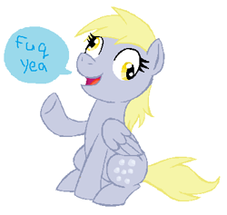 Size: 401x380 | Tagged: safe, artist:darlimondoll, character:derpy hooves, species:pegasus, species:pony, dialogue, female, fuck yeah, open mouth, raised hoof, simple background, sitting, smiling, solo, speech bubble, vulgar, white background