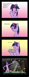Size: 700x1806 | Tagged: safe, artist:mimtii, character:applejack, character:discord, character:twilight sparkle, bait and switch, bipedal, cigarette, comic, drawn together, interrogation, muffin, smoking, violence