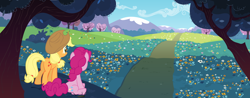 Size: 8000x3148 | Tagged: safe, artist:qsteel, character:applejack, character:pinkie pie, species:earth pony, species:pony, absurd resolution, duo, road, scenery, wallpaper