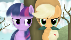 Size: 1366x768 | Tagged: safe, artist:rodolfomushi, character:applejack, character:twilight sparkle, episode:secret of my excess, g4, my little pony: friendship is magic, duo, leaves, scene interpretation, tree