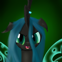 Size: 1000x1000 | Tagged: safe, artist:rodolfomushi, character:queen chrysalis, species:changeling, bust, changeling queen, fangs, female, frown, open mouth, smiling, solo