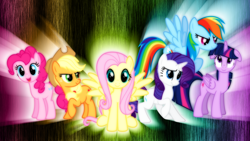 Size: 3840x2160 | Tagged: safe, artist:morningstar-1337, edit, character:applejack, character:fluttershy, character:pinkie pie, character:rainbow dash, character:rarity, character:twilight sparkle, character:twilight sparkle (alicorn), species:alicorn, species:pony, female, mane six, mare, wallpaper, wallpaper edit